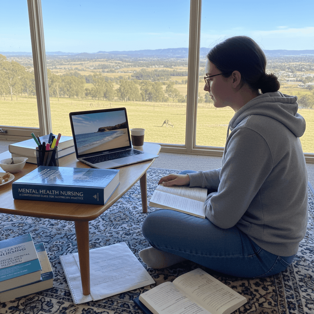 Australian nursing student studying mental health nursing with textbooks and laptop