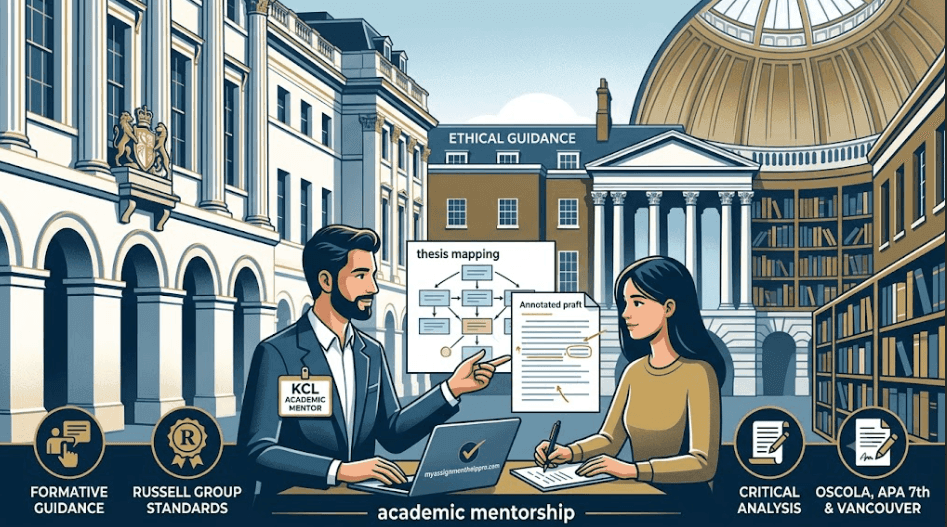 An academic mentor providing formative coursework guidance to a King's College London student outside the Maughan Library, highlighting Russell Group standards, critical analysis, and KCL referencing styles like OSCOLA and APA 7th.