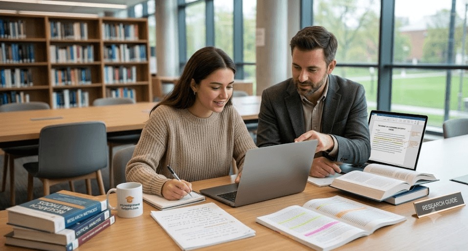 A five-step academic mentorship workflow diagram detailing Brief Submission, Academic Scoping, Research Appraisal, Detailed Review, and Independent Polish.